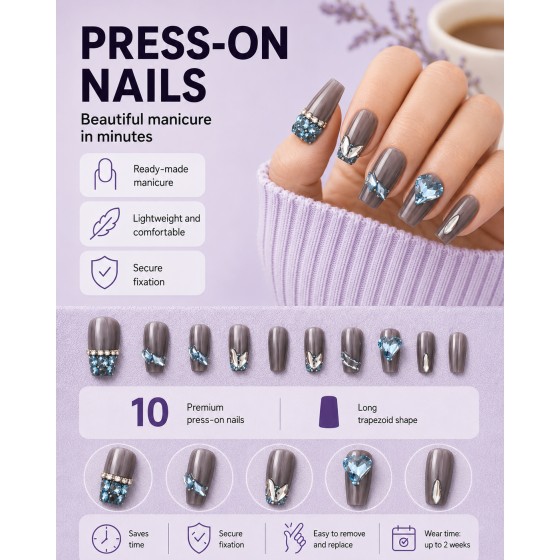 Luxury Grey‑Blue Heart Rhinestone Long Trapezoid Press‑On Nails, Elegant False Nails with Rhinestones & Pearls for Party